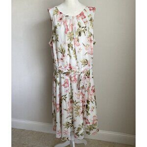JH White Womens Dress 18W White w Pink Floral & Green Leaves Sleeveless